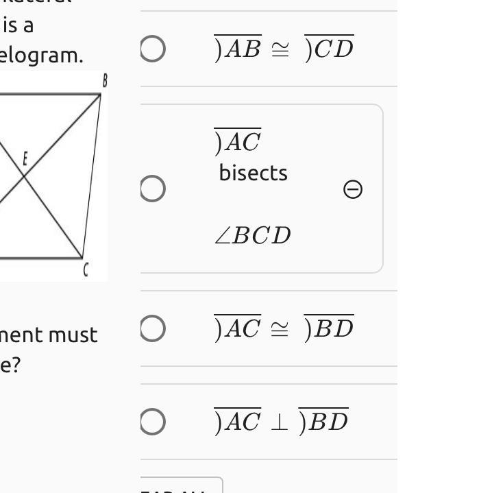 Quadrilateral ABCD is a parallelogram. Which statement must be true?-example-1