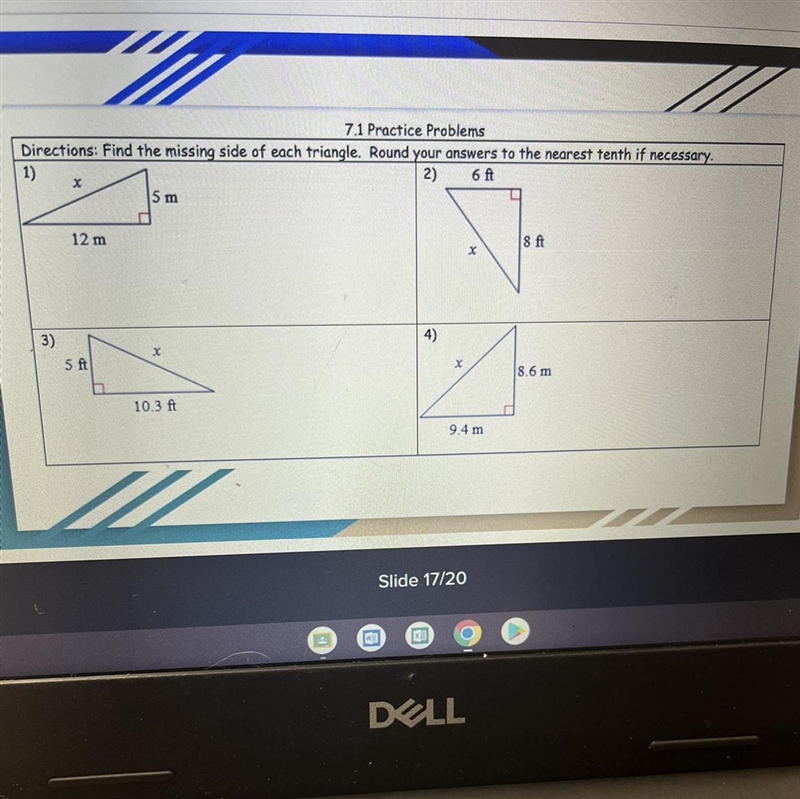 Directions: Find the missing side of each triangle. Round your answers to the nearest-example-1