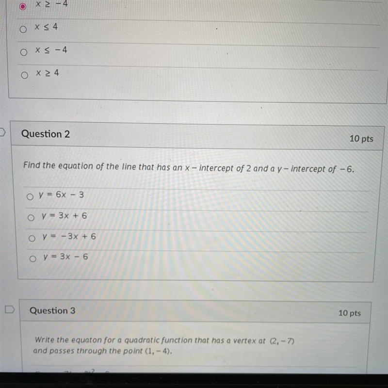 Question 2: Find the equation of the line that has an x intercept of 2 and a y intercept-example-1