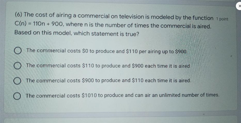 The cost of airing a commercial on television is modeled by the function C(n) = 110n-example-1