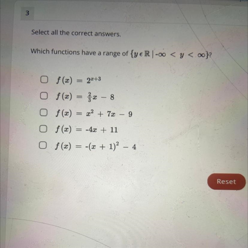 PLS HELP Which functions have a range of {y e R-00 < y < 00}? O f(x) 2x+3 Of-example-1