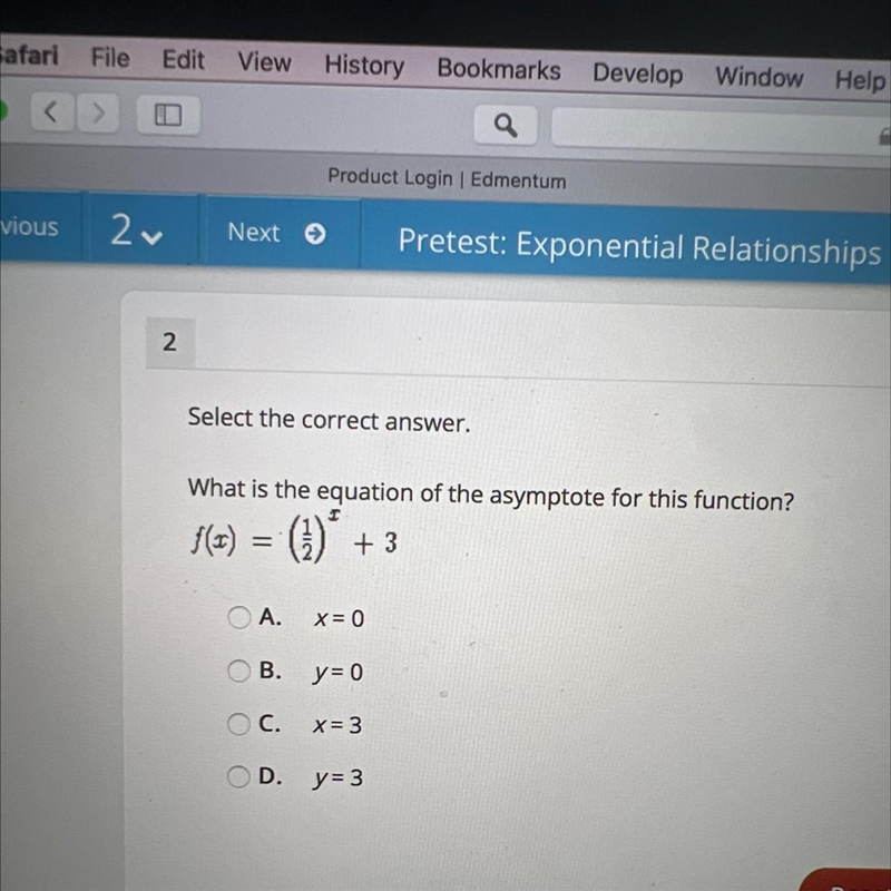 Select the correct answer.What is the equation of the asymptote for this function-example-1