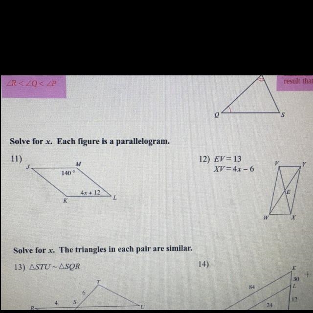 Solve for x. Each figure is a parallelogram questions 11 and 12-example-1