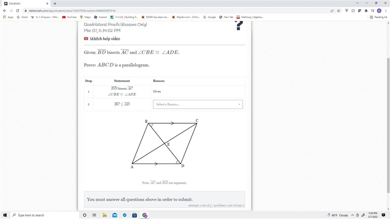 Given: BD bisects AC and ∠CBE≅∠ADE. Prove: ABCD is a parallelogram. add the reason-example-1