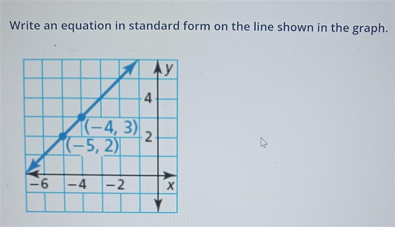 Write an equation in standard form on the line shown in the graph. (-4,3) (-5,2)​-example-1