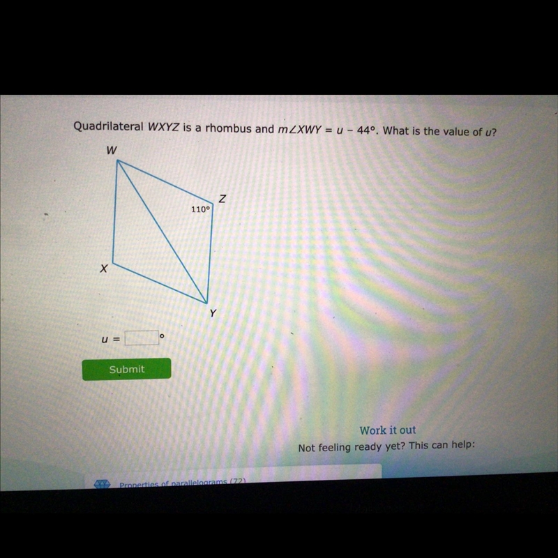 Quadrilateral WXYZ is a rhombus and m∠XWY=u–44°. What is the value of u?-example-1