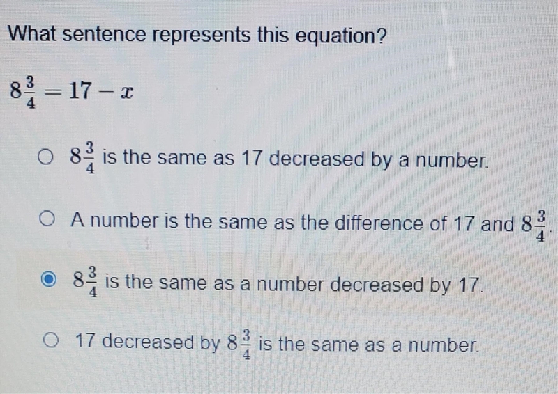 What sentence represents this equation? 8 = 17 – 2 83 is the same as 17 decreased-example-1