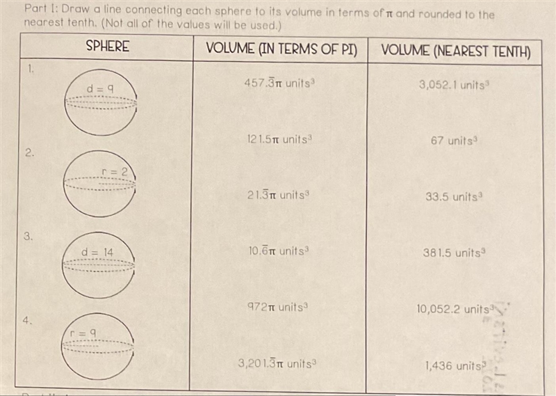 Draw a line connecting each sphere to its volume in terms of π and round it to the-example-1