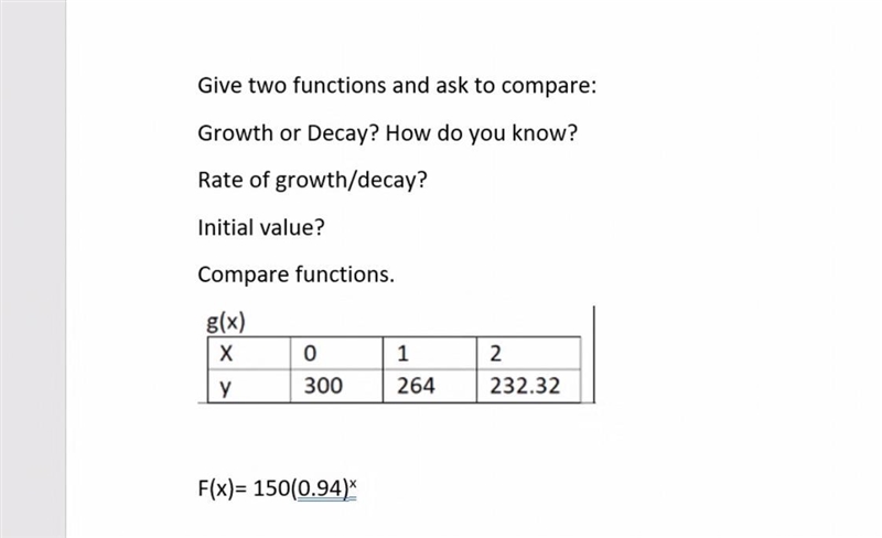 Give two functions and ask to compare:Growth or Decay? How do you know?Rate of growth-example-1