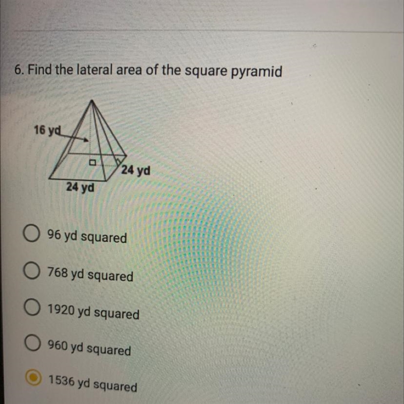 Please help. Find the lateral area of the square pyramid-example-1