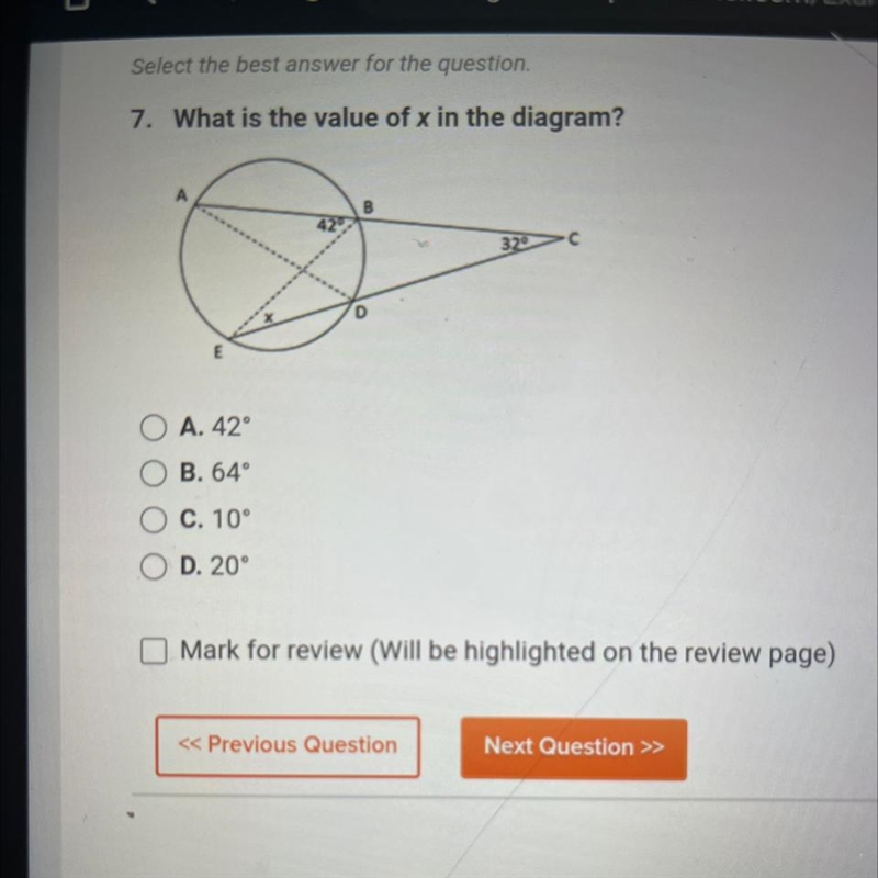 Select the best answer for the 7. What is the value of x in the diagram? E OA. 42° OB-example-1