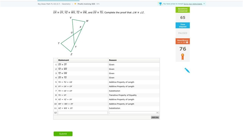 UX ≅ UY, YZ ≅ WX, TZ ≅ VW, and UV ≅ TU. Complete the proof that ∠W≅∠Z. This is the-example-1