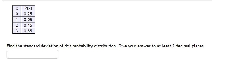 xP(x)00.2510.0520.1530.55Find the standard deviation of this probability distribution-example-1