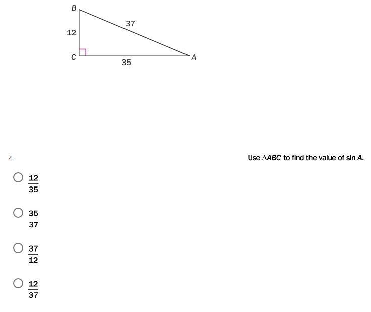 Use ABC to find the value of sin A 12/35 35/37 37/12 12/37-example-1