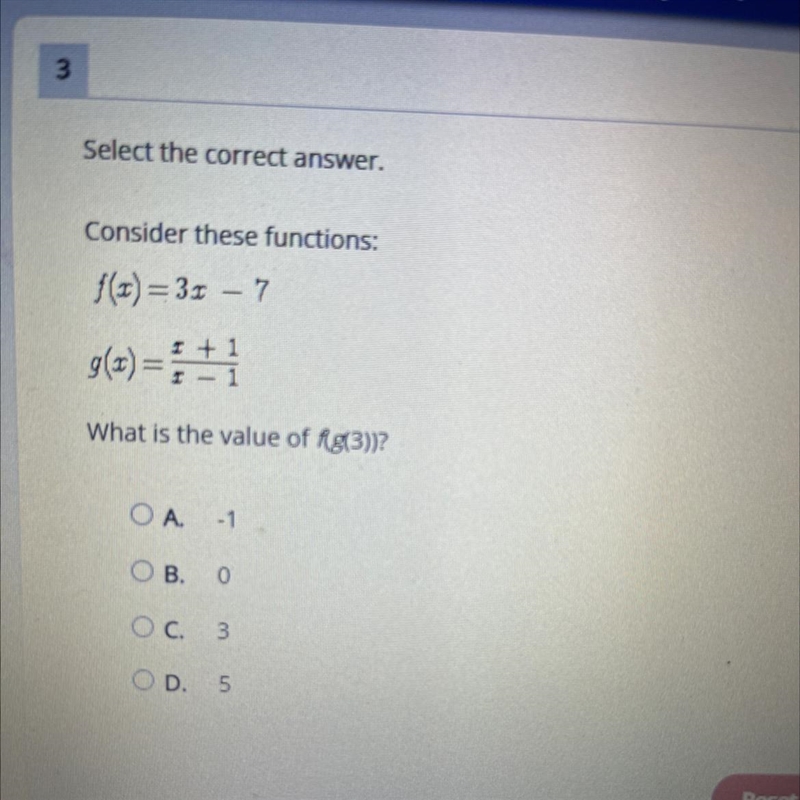 consider these functions :f(x) = 3x - 7 g(x) = x +1 / x-1what is the value of f(g-example-1