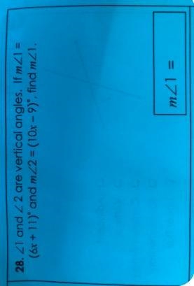 F.28. 21 and 22 are vertical angles. If mZ1 =(6x + 11) and mZ2 = (10x - 9), find mZ-example-1