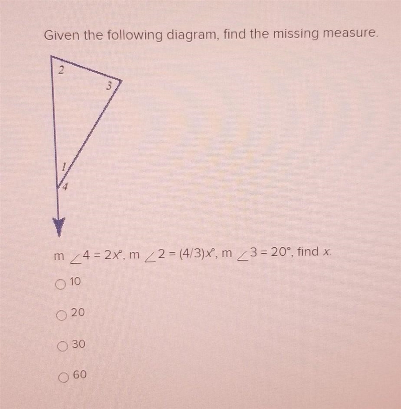 Given the following diagram, find the missing measure. 2 VAN m 24 = 2x®, m 2 = (4/3)X-example-1