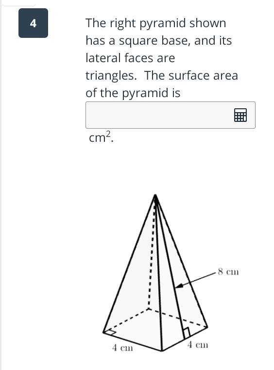 the right pyramid shown has a square base , and its lateral faces are trangles . the-example-1