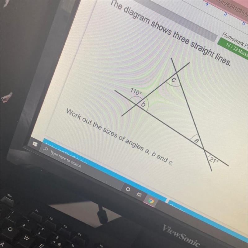 The diagram shows three straight lines work out the size of angles a, b and c.-example-1