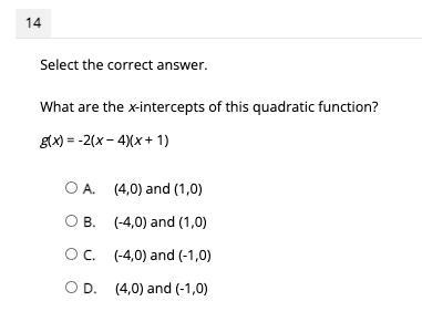 Select the correct answer. What are the x-intercepts of this quadratic function? g-example-1