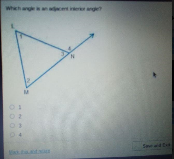 What angle is a adjacent interior angle? one two three or four-example-1