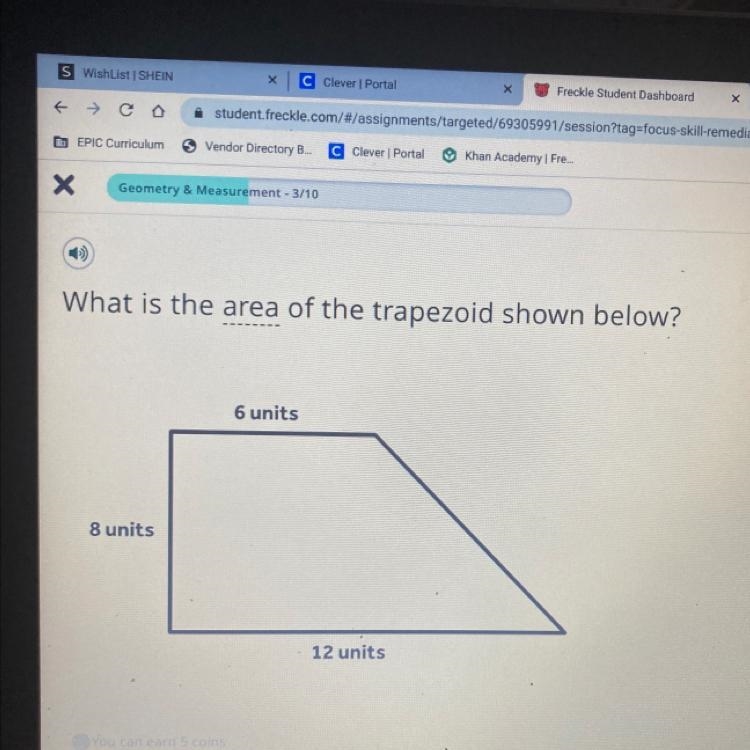 What is the area of the trapezoid shown below?6 units8 units12 units-example-1