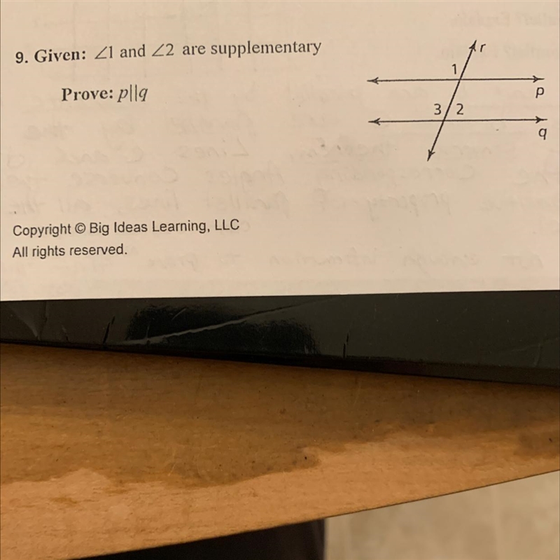 Given angle 1 and angle 2 are supplementary. Prove p is parallel to q.-example-1