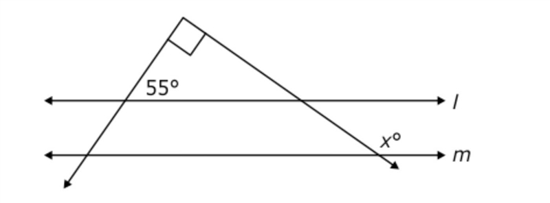 In the figure, lines l and m are parallel. What is the value of x? A. 35° B. 55° C-example-1