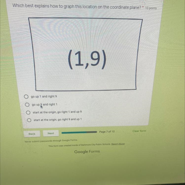 Which best explains how to graph this location on the coordinate plane ? --example-1