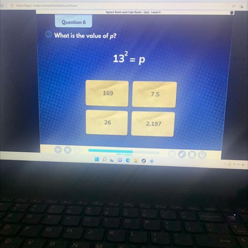 What is the value of p? 169 26 13² = p P 7.5 2,197-example-1