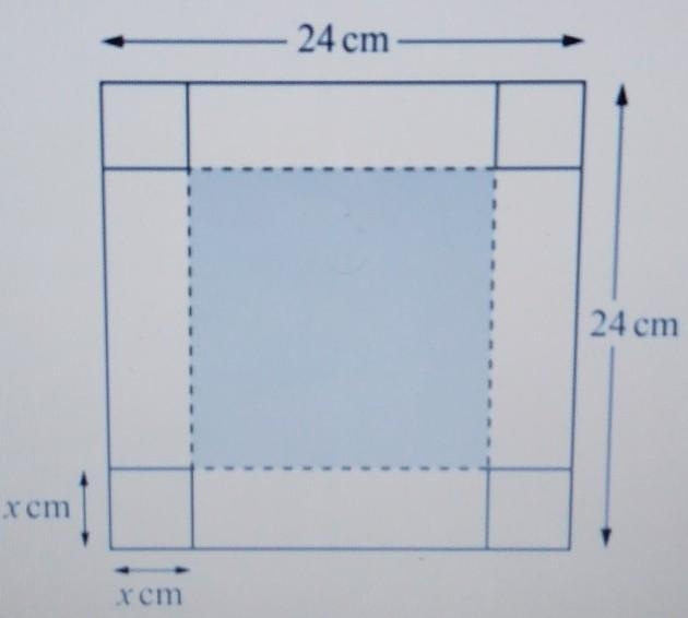 B) The diagram shows a thin square sheet of metal measuring 24 cm by 24 cm. A square-example-1