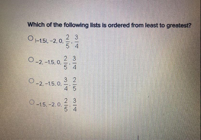 Which of the following lists is ordered from least to greatest?O 1-1.51, -2,0,2 350-2.-1.5.0,אותםAlw-example-1