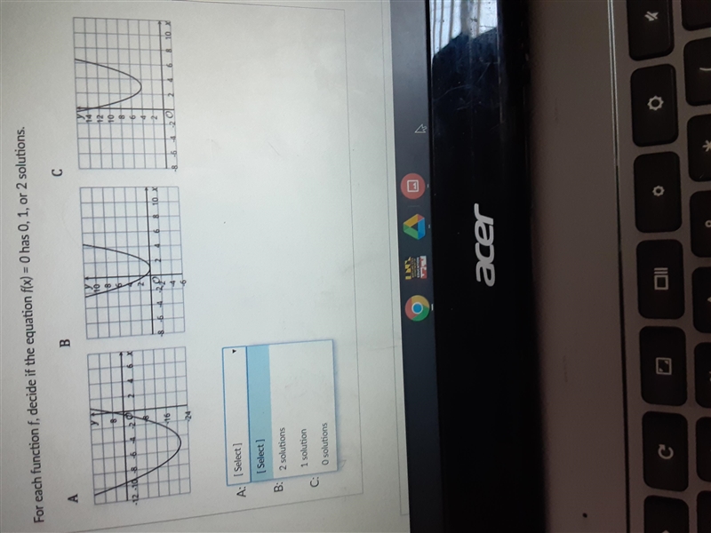 For each function f, decide if the equation f(x) = 0 has 0, 1, or 2 solutions. A B-example-1