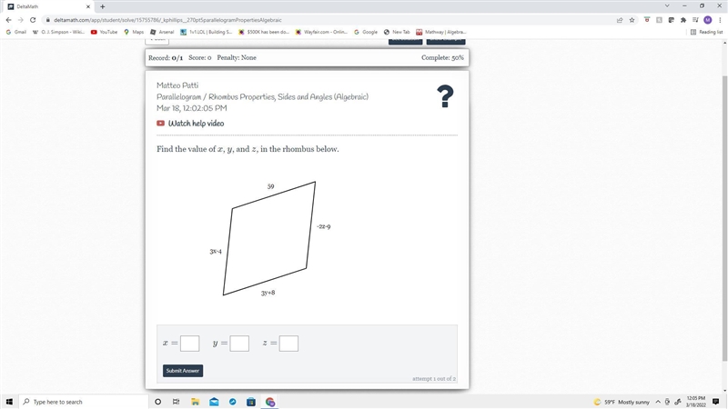 Find the value of x, y, and z, in the rhombus below.-example-1