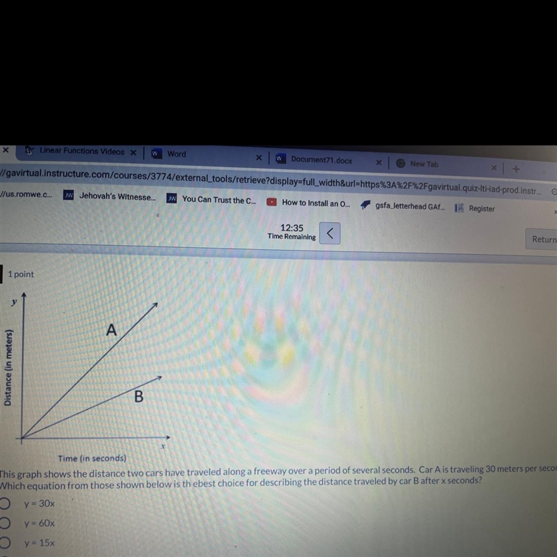 This graph shows the distance two cars have traveled along a freeway over a period-example-1