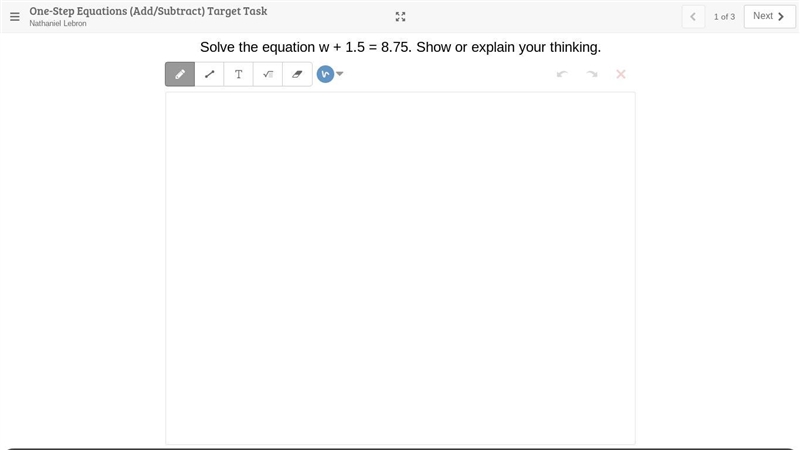 Solve the equation w + 1.5 = 8.75. Show or explain your thinking.-example-1