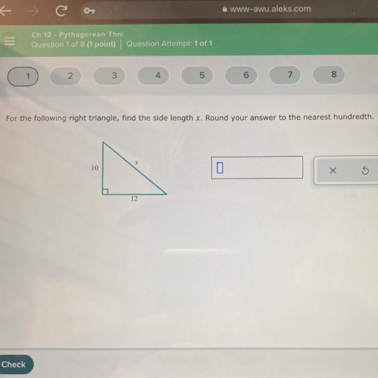 For the following right triangle, find the side length x. Round your answer to the-example-1