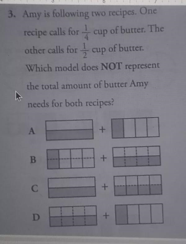 Amy is following two recipes. One recipe calls for 1/4 cup of butter . The other calls-example-1