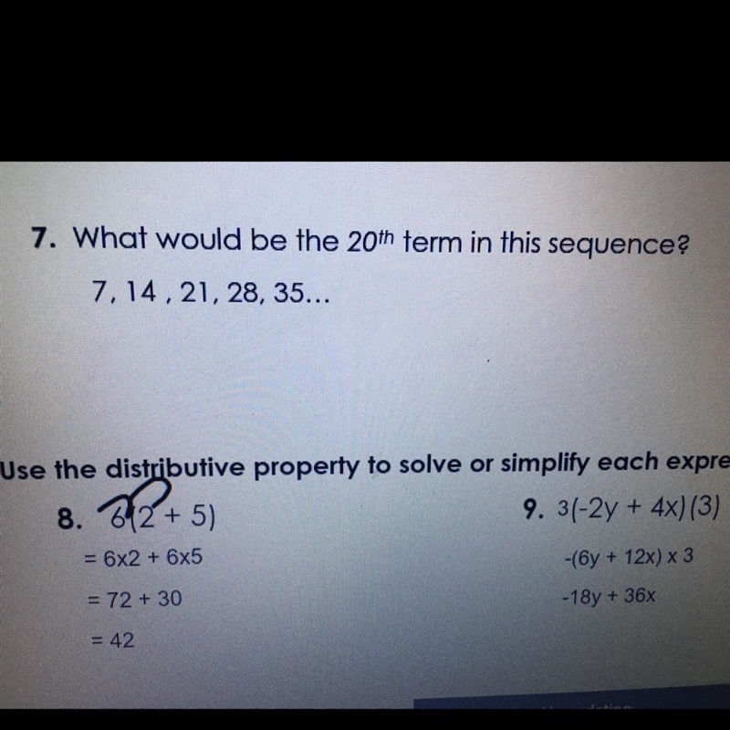 I need help what would be the 20th term in this sequence? 7, 14, 21, 28, 35... NUMBER-example-1