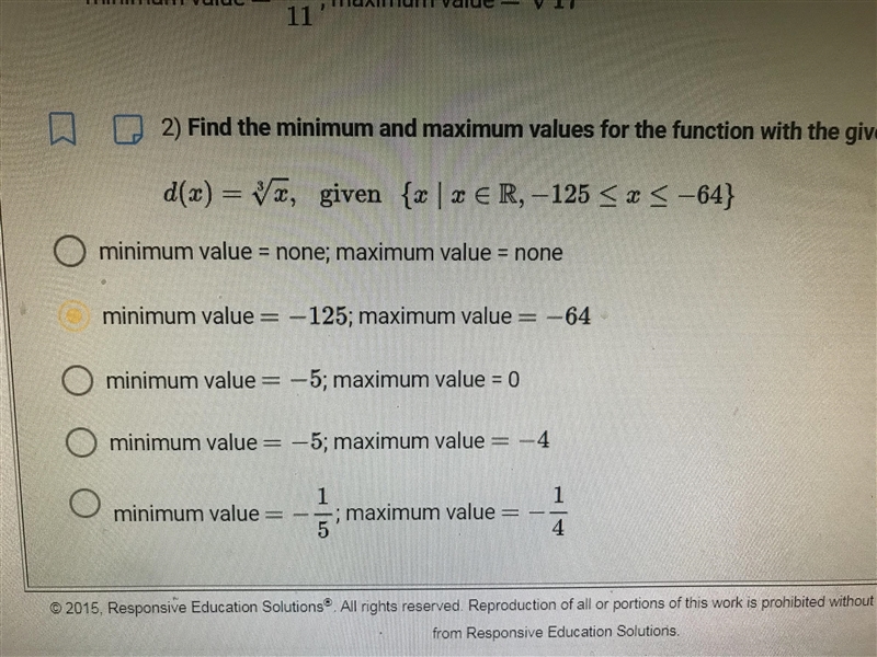 Find the minimum and maximum values for the function with the given domain interval-example-1