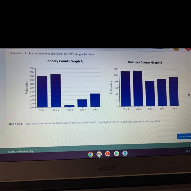 How many times more robberies were there actually in year 2 compare to year 4 round-example-1