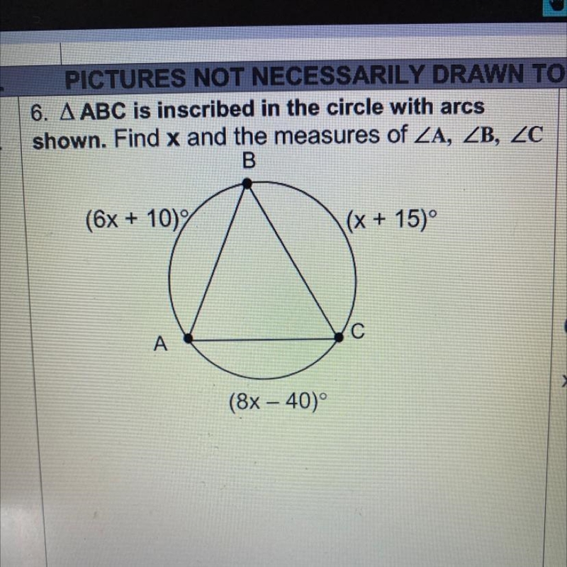 Triangle ABC is inscribed in the circle with arcs shown. find X and the measures of-example-1