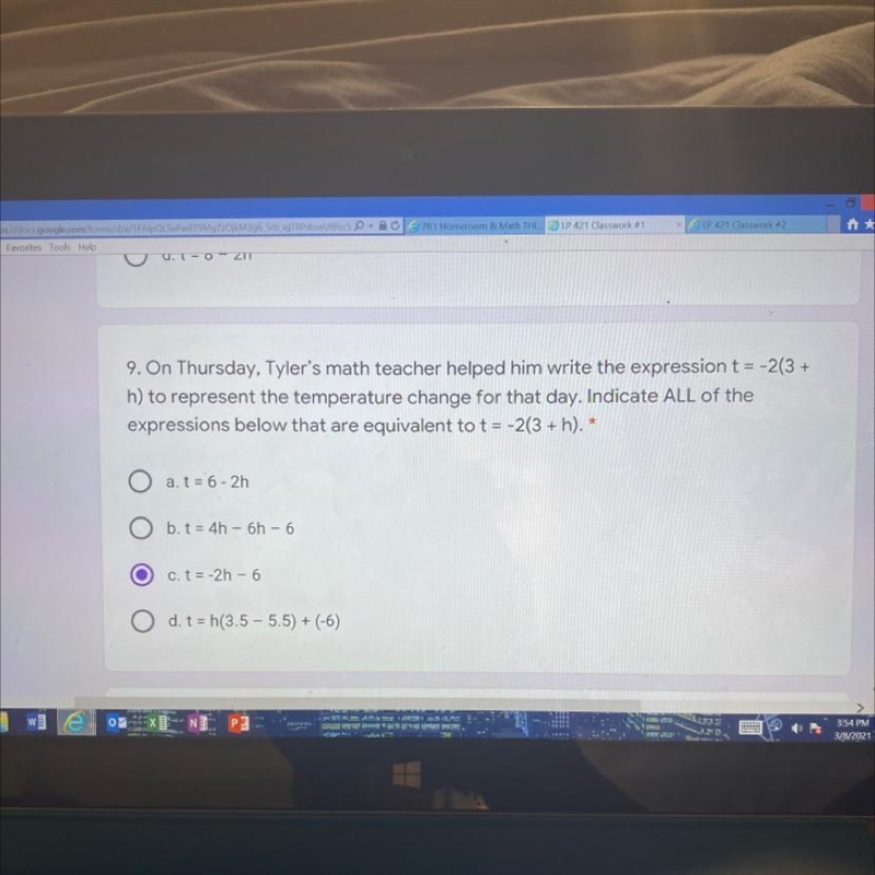 On Thursday Tyler‘s math teacher helped him write the expression T equals -2 parentheses-example-1