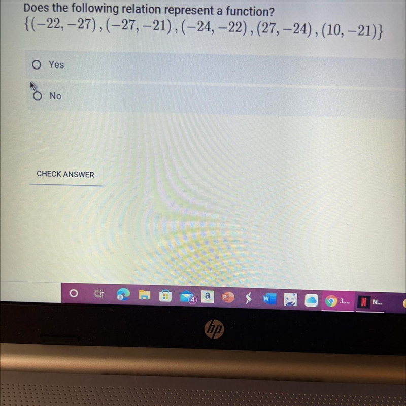 Does the following relation represent a function? {(-22, -27), (-27, -21), (-24, – 22), (27, -24), (10,–21)} Yes-example-1