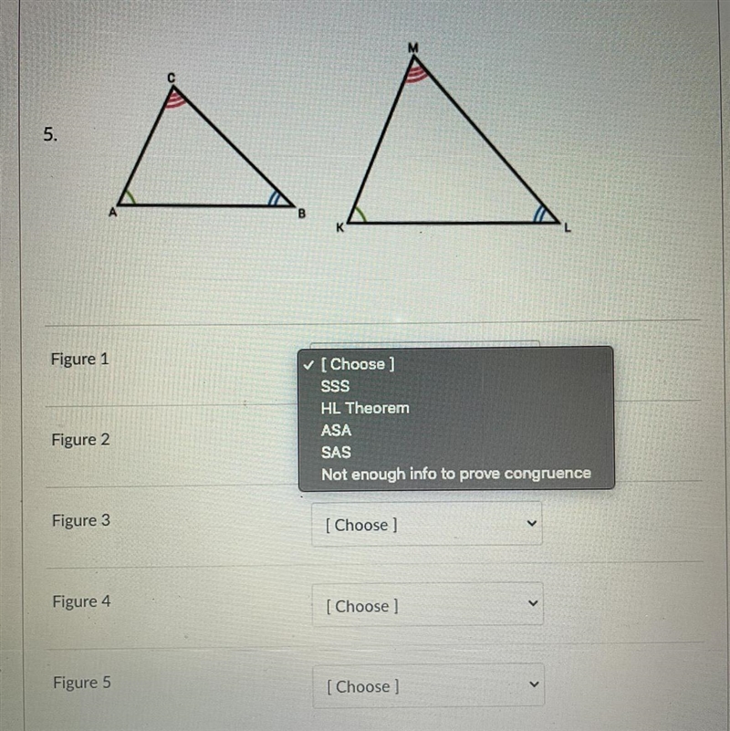 Match figures 1-5 with the congruence criteria you would use toprove them congruent-example-1