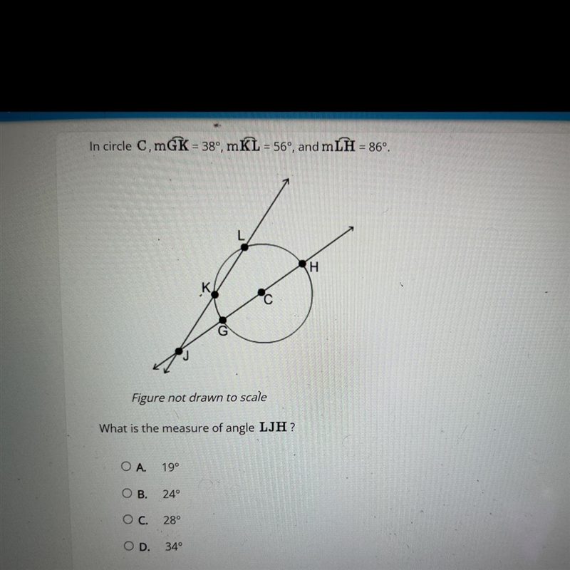 In circle C, MGK = 38°, mKL = 56°, and mLH = 86°.KFigure not drawn to scaleWhat is-example-1