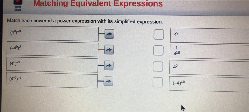 Match each power of a power expression with its simplified expression.(-49²49(46)-3(4-3)-3141840(-4) 18-example-1