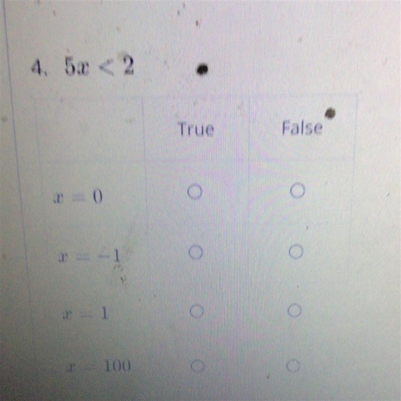 For each inequality, determine if each r value make the inequality true or false.Select-example-1