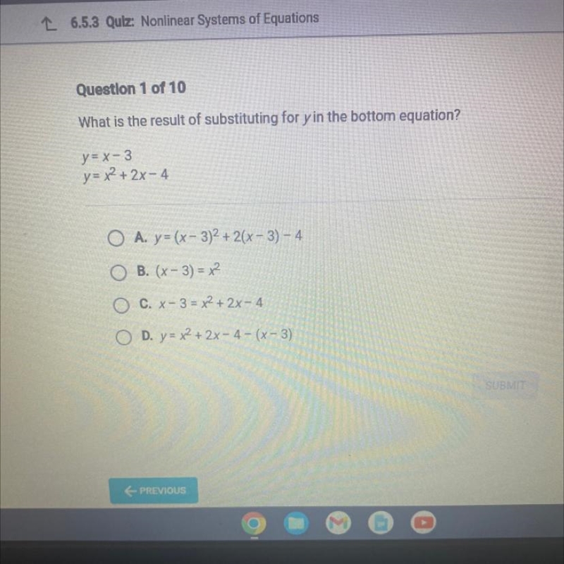 What is the result of substituting for y in the bottom equation? y= x-3 y = x2 + 2x-example-1