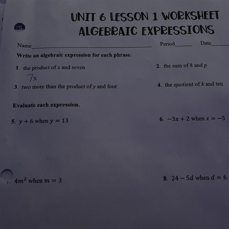 Write an algebraic expression for each phrase.1.the product of r and seven7x3. two-example-1